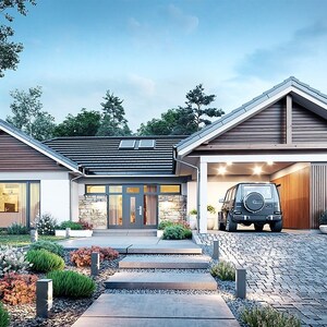 May include: A single-story house with a dark shingled roof, white walls, and wood siding accents. The front features a stone-faced entryway, large windows, and an attached open garage containing a dark SUV. A stone walkway leads to the door.