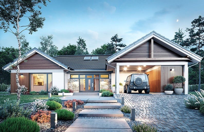 May include: A single-story house with a dark shingled roof, white walls, and wood siding accents. The front features a stone-faced entryway, large windows, and an attached open garage containing a dark SUV. A stone walkway leads to the door.