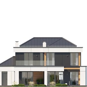 May include: A two-story house with a dark gray hip roof, white exterior panels, and dark gray wall sections. The structure features large glass windows, a glass balcony railing on the second floor, and wood-toned accents near the entrance.