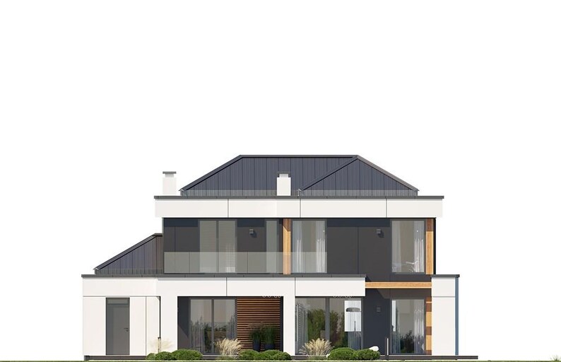 May include: A two-story house with a dark gray hip roof, white exterior panels, and dark gray wall sections. The structure features large glass windows, a glass balcony railing on the second floor, and wood-toned accents near the entrance.