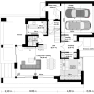 Ground floor blueprint displaying a spacious layout with living areas, kitchen, and a garage, suitable for modern house plans or townhouse designs.