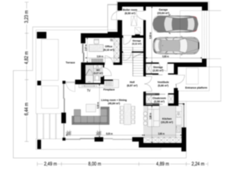 Ground floor blueprint displaying a spacious layout with living areas, kitchen, and a garage, suitable for modern house plans or townhouse designs.
