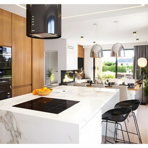 Open kitchen with an island and modern interior design. A house blueprint showcasing both practical and stylish solutions for home living.