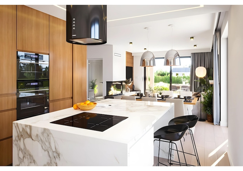 Open kitchen with an island and modern interior design. A house blueprint showcasing both practical and stylish solutions for home living.