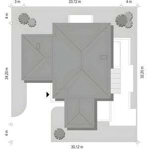 May include: A top-down architectural site plan showing a house footprint with a gray roof. The plot dimensions are labeled as 23.12 m by 32.20 m and 30.12 m by 24.20 m, with additional 3 m and 4 m setback measurements indicated around the perimeter.
