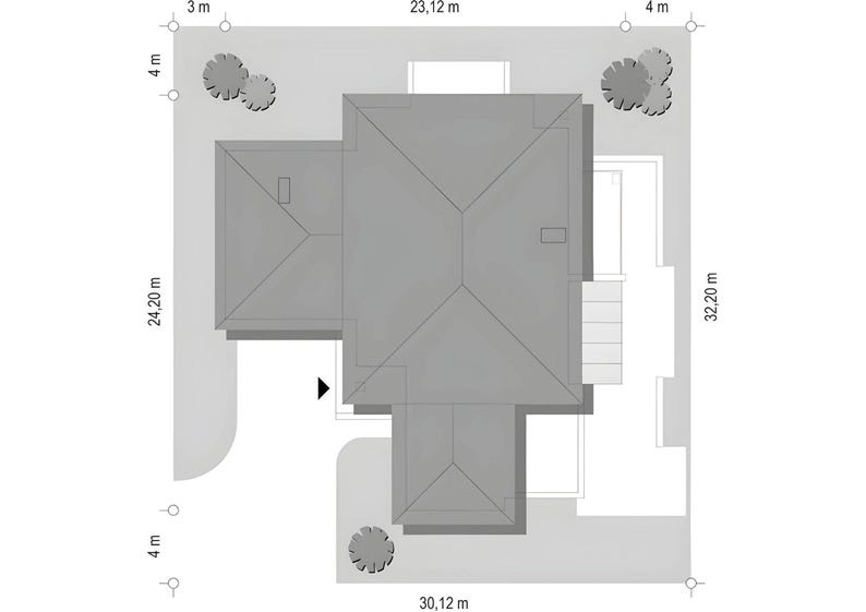 May include: A top-down architectural site plan showing a house footprint with a gray roof. The plot dimensions are labeled as 23.12 m by 32.20 m and 30.12 m by 24.20 m, with additional 3 m and 4 m setback measurements indicated around the perimeter.
