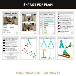 May include: An 8-page PDF plan for a triangular wedding arbor. The document includes a shopping list, cut list, tools list, assembly tips, safety tips, 3D diagrams, and detailed views with dimensions in inches for construction.