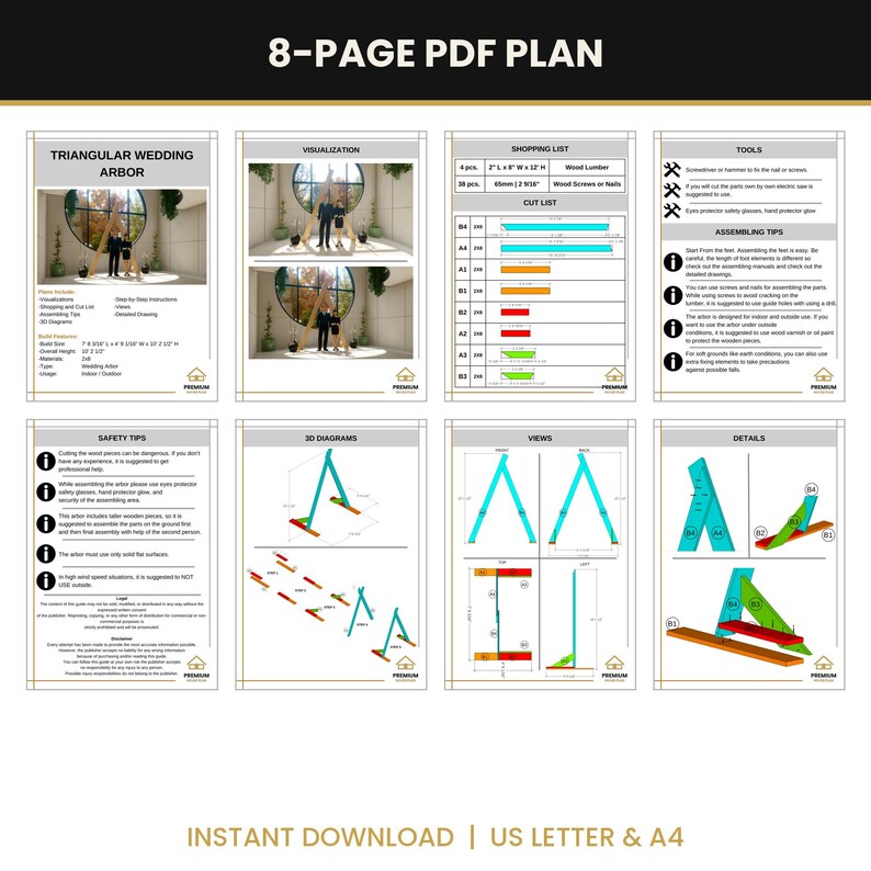 May include: An 8-page PDF plan for a triangular wedding arbor. The document includes a shopping list, cut list, tools list, assembly tips, safety tips, 3D diagrams, and detailed views with dimensions in inches for construction.
