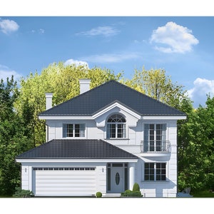 Front view of a charming modern two-story house with a spacious garage, surrounded by greenery. Ideal for house plans and cottage house plans.