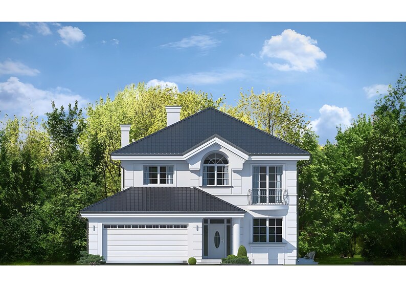 Front view of a charming modern two-story house with a spacious garage, surrounded by greenery. Ideal for house plans and cottage house plans.
