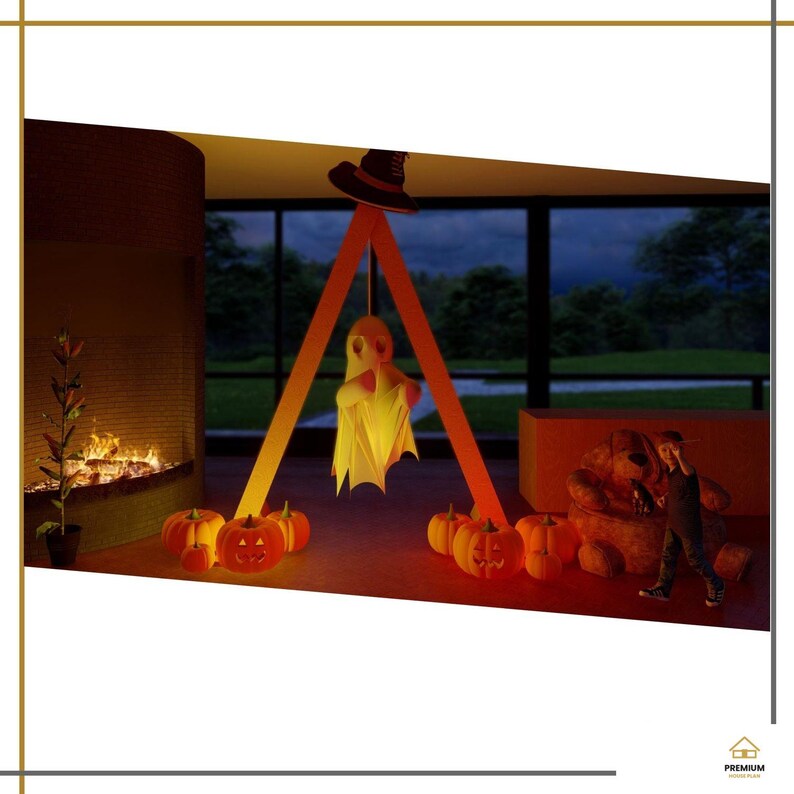 May include: A Halloween-themed display featuring an orange A-frame structure with a hanging white ghost and a black witch hat on top. Several carved orange jack-o'-lanterns are arranged at the base, illuminated with a warm glow.