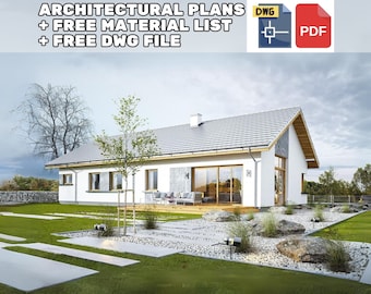 May include: A white, single-story house with a gray roof and large windows. The house is surrounded by a green lawn and landscaping with rocks and gravel. The image includes the text "ARCHITECTURAL PLANS + FREE MATERIAL LIST + FREE DWG FILE" and logos for DWG and PDF files.