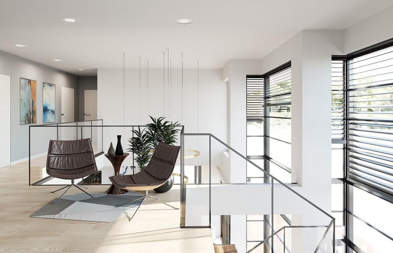May include: Modern interior design featuring a light-filled space with a staircase and a seating area. Two brown leather chairs with metal legs are positioned near a small side table with decorative vases. The room has large windows with blinds and abstract art.