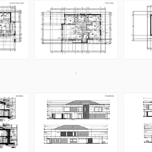 Detailed floor plans, cross-sections, and elevations of a modern house blueprint, showcasing functional layouts and structural design. Ideal for modern house plans or plan maison enthusiasts.