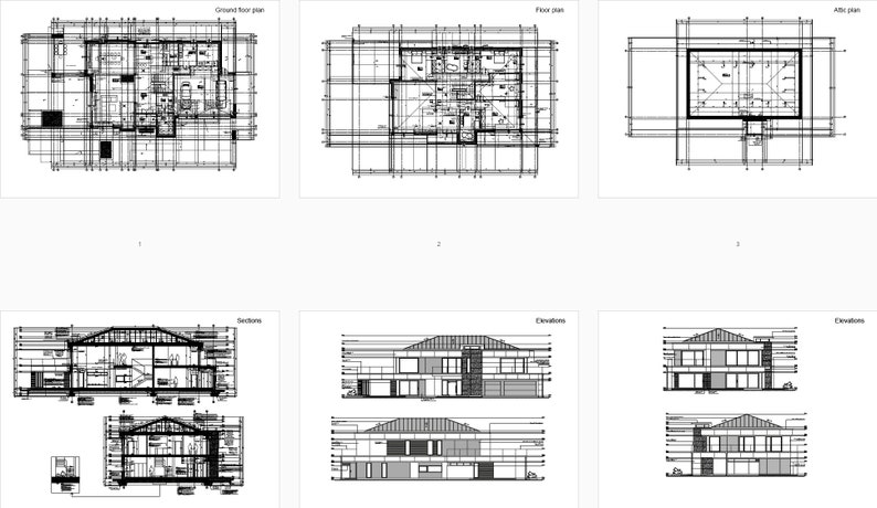Detailed floor plans, cross-sections, and elevations of a modern house blueprint, showcasing functional layouts and structural design. Ideal for modern house plans or plan maison enthusiasts.
