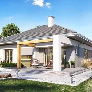 A modern single-story house plan with a stylish terrace and large windows, offering a functional design for contemporary living. Perfect for families seeking elegant and practical modern house plans.