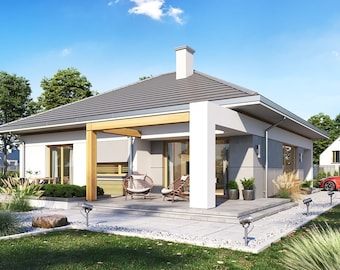 May include: A modern, single-story house with a gray roof, white siding, and a wooden pergola. The house has a large front porch with a patio and a red car parked in the driveway.