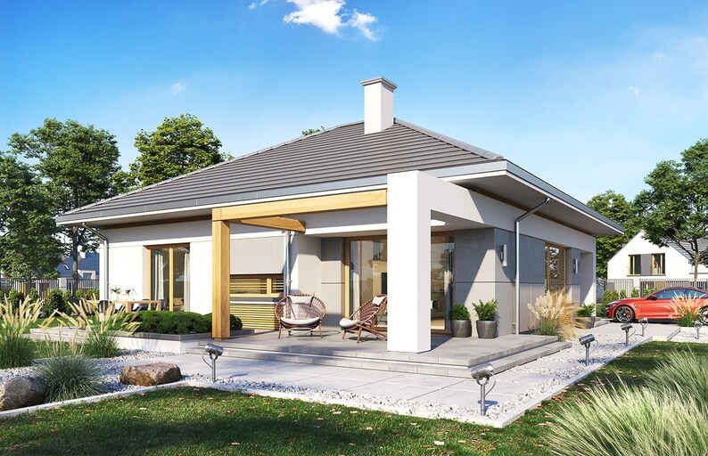 A modern single-story house plan with a stylish terrace and large windows, offering a functional design for contemporary living. Perfect for families seeking elegant and practical modern house plans.