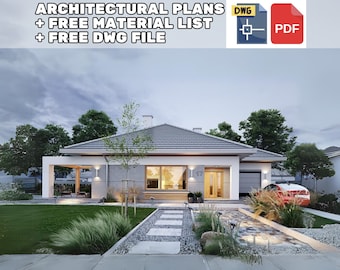 May include: A modern, single-story house with a gray roof, white siding, and a wooden front door. The house has a landscaped yard with a gravel walkway leading to the front door. The house is surrounded by trees and bushes.