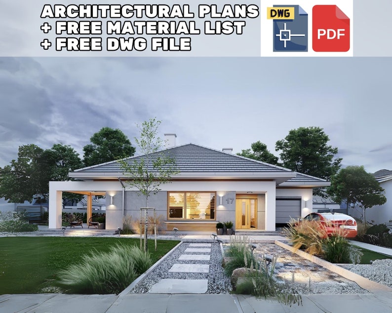 Architectural plans for a sleek modern house design with a free material list and DWG file, ideal for constructing a contemporary dream home.