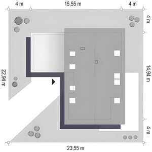 Site plan of a modern villa showcasing dimensions and layout with precise measurements. Includes detailed exterior design, landscaping elements, and spatial organization for efficient use of space.