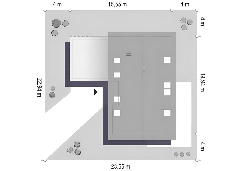 Site plan of a modern villa showcasing dimensions and layout with precise measurements. Includes detailed exterior design, landscaping elements, and spatial organization for efficient use of space.