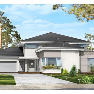 May include: A two-story house with a dark gray hip roof, white and light gray exterior walls, and a single-car garage with a roll-up door. The front facade features a large bay window, a glass-paneled front door, and the number 77 on the wall.