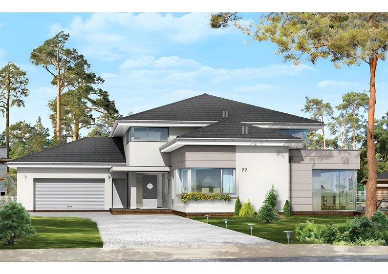May include: A two-story house with a dark gray hip roof, white and light gray exterior walls, and a single-car garage with a roll-up door. The front facade features a large bay window, a glass-paneled front door, and the number 77 on the wall.