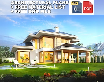 May include: A rendering of a modern two-story house with a large front yard and a patio. The house has a light brown exterior with large windows and a flat roof. The yard is green and has a few trees and bushes. The patio is made of stone and has a table and chairs. The text "ARCHITECTURAL PLANS + FREE MATERIAL LIST + FREE DWG FILE" is at the top of the image. The text "DWG" and "PDF" are in boxes at the top right of the image.