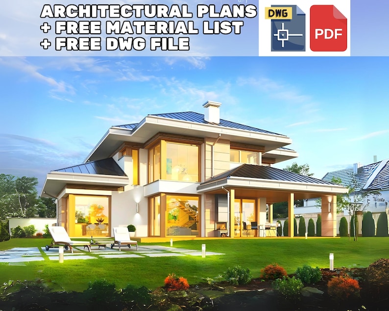 A modern two-story house design with large glass windows, a sloped roof, and an open backyard. Includes house plans, material list, and free DWG files for construction.
