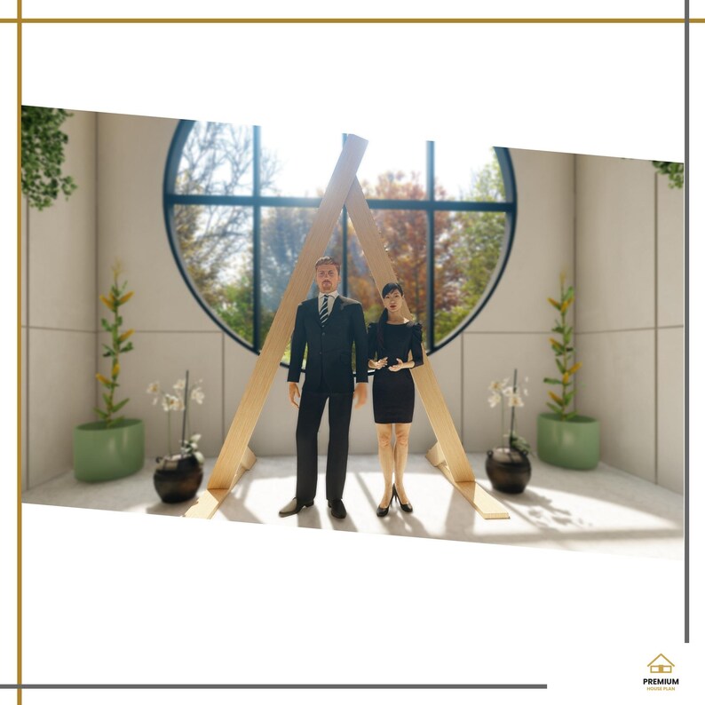 May include: Two miniature figurines, one in a black suit and one in a black dress, stand before a large wooden A-frame structure. Behind them is a circular window with a view of trees. Two green planters with plants flank the scene.