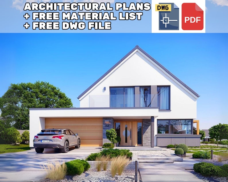 Modern house plan with a sloped roof, spacious driveway, and attached garage. The facade features large windows, minimalist design, and sleek materials. Ideal for a contemporary villa plan or Scandinavian-inspired home.