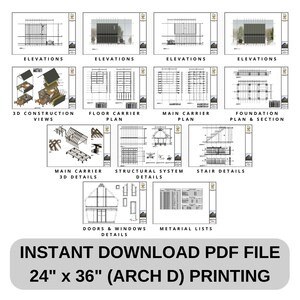 Instant download PDF file. Includes detailed elevations, 3D construction views, floor and carrier plans, foundation details, structural systems, stair details, and material lists. Perfect for modern house plans and small cabin projects.