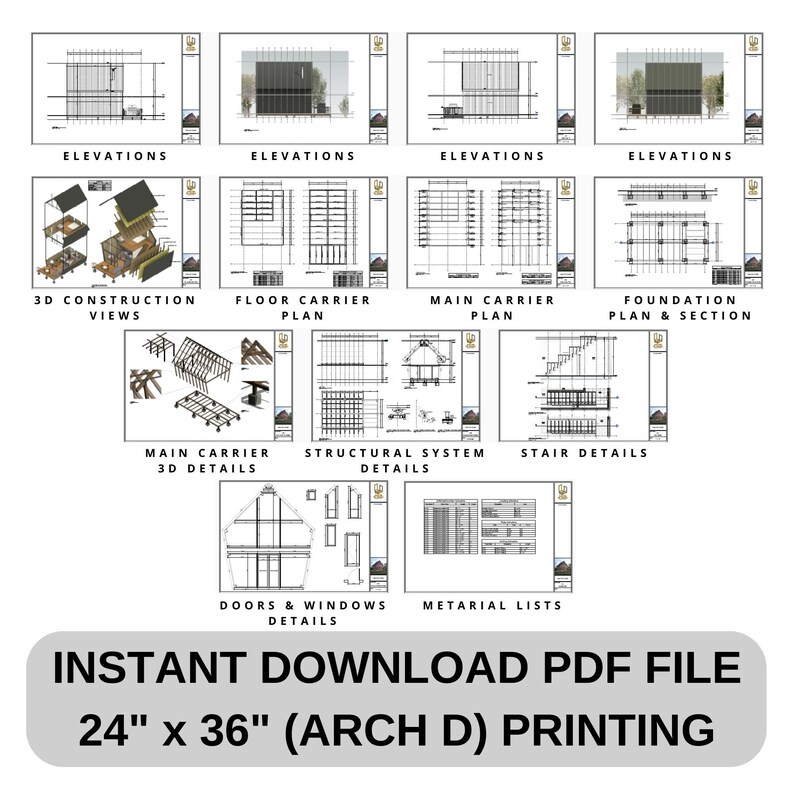 Instant download PDF file. Includes detailed elevations, 3D construction views, floor and carrier plans, foundation details, structural systems, stair details, and material lists. Perfect for modern house plans and small cabin projects.