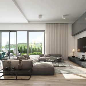 Elegant living and dining area with floor-to-ceiling windows, modern decor, and a fireplace, designed for modern house plans.