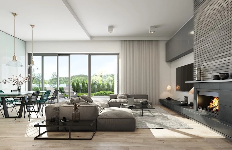 Elegant living and dining area with floor-to-ceiling windows, modern decor, and a fireplace, designed for modern house plans.