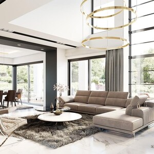 May include: A modern living room with a neutral color palette. Features include a large sectional sofa, a round coffee table, and a contemporary chair. Large windows offer a view of the outdoors. A stylish chandelier hangs from the ceiling.