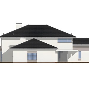 May include: A two-story house with white exterior walls and a dark gray hip roof. The structure features a prominent front-facing gable, a square grid window, a rectangular window on the upper level, and a wide window on the right side.