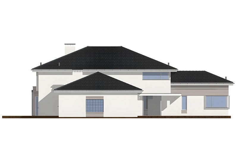 May include: A two-story house with white exterior walls and a dark gray hip roof. The structure features a prominent front-facing gable, a square grid window, a rectangular window on the upper level, and a wide window on the right side.