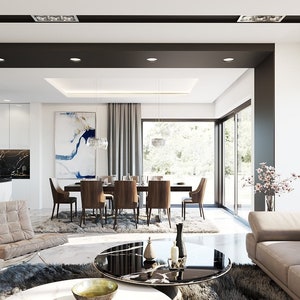 Bright and sophisticated dining area with large windows and stylish furnishings. Ideal for modern house plans, scandinavian interiors, and architectural blueprints.