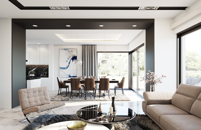 Bright and sophisticated dining area with large windows and stylish furnishings. Ideal for modern house plans, scandinavian interiors, and architectural blueprints.