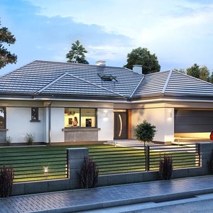 Contemporary front facade of a house with a modern garage and clean landscaping, suitable for modern house plans and townhouse plans.