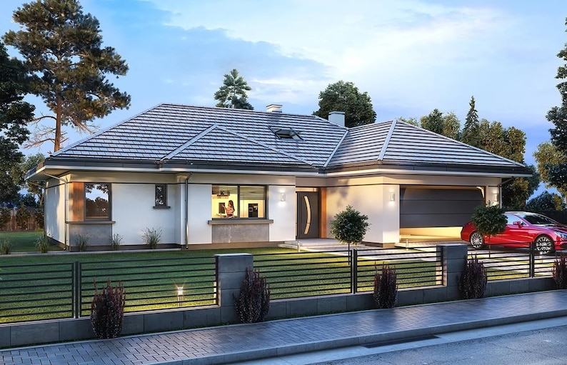 Contemporary front facade of a house with a modern garage and clean landscaping, suitable for modern house plans and townhouse plans.