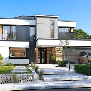 May include: A two-story modern house with white and gray exterior panels, large glass windows, and a dark roof. The front features a wooden slat accent wall, a glass-paneled door, and a gray SUV parked on a paved driveway next to a green hedge.