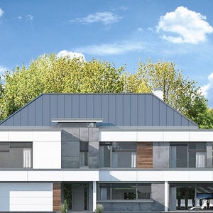 "Front view of a contemporary house design with sleek lines, natural wood accents, and a spacious layout. Includes detailed house plans and DWG files."