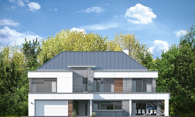 "Front view of a contemporary house design with sleek lines, natural wood accents, and a spacious layout. Includes detailed house plans and DWG files."