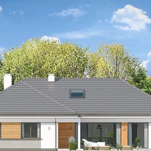Contemporary house facade with clean lines, a gray roof, and lush greenery, ideal for Scandinavian house plans and modern designs.