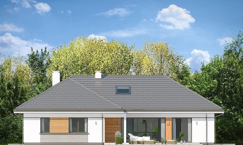 Contemporary house facade with clean lines, a gray roof, and lush greenery, ideal for Scandinavian house plans and modern designs.