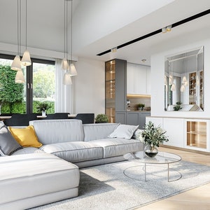 Living Room:
Bright and modern living room with a vaulted ceiling, fireplace, and natural wood elements, creating a warm and open atmosphere for family gatherings.