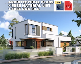 May include: A white modern house with a wooden garage door and a fence in front. The house has large windows and a flat roof. The house is surrounded by green grass and trees. The text "ARCHITECTURAL PLANS + FREE MATERIAL LIST + FREE DWG FILE" is at the top of the image. The text "DWG" and "PDF" are in the top right corner of the image.